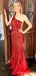 One Shoulder Red Sequin Mermaid Long Evening Prom Dresses, Cheap Custom Prom Dresses, MR8160