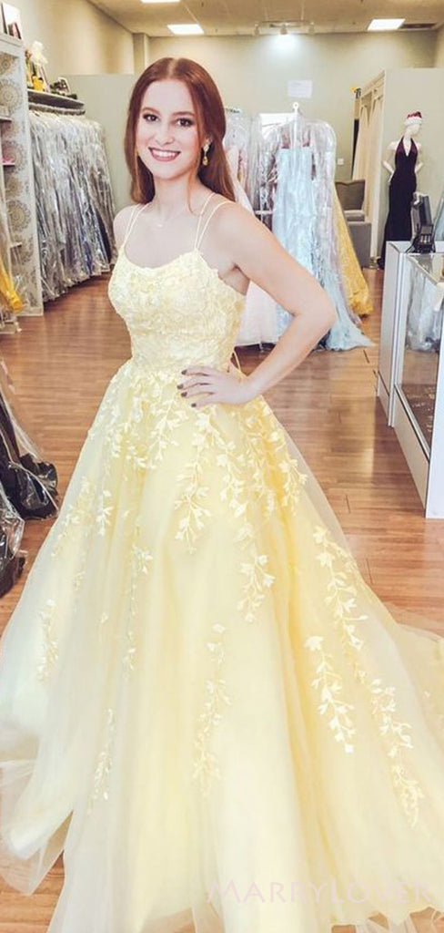 Yellow Tulle Appliques A-line Spaghetti Straps Long Evening Prom Dresses, MR8170