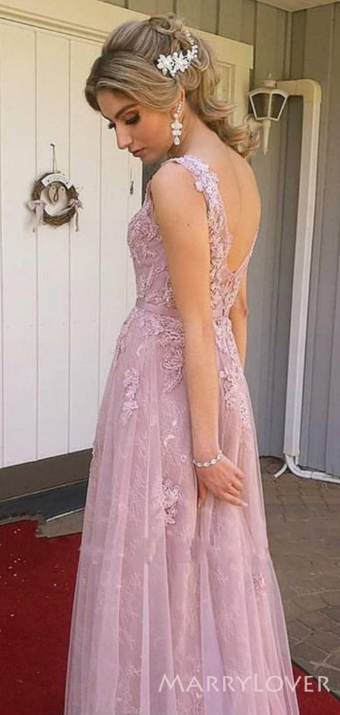 A-line Lilac Lace Appliques Long V Neck Evening Prom Dresses, MR8172