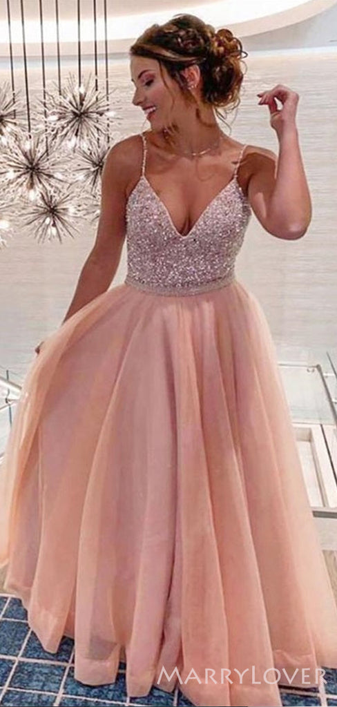 A-line Peach Organza Beaded Spaghetti Straps Long Evening Prom Dresses, MR8177