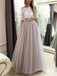 Two Pieces Grey Tulle Half Sleeves Lace Long Evening Prom Dresses, MR8178