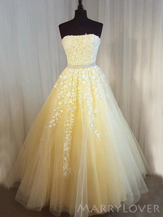 A-line Yellow Tulle Appliques Strapless Long Evening Prom Dresses, MR8182