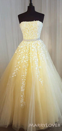 A-line Yellow Tulle Appliques Strapless Long Evening Prom Dresses, MR8182