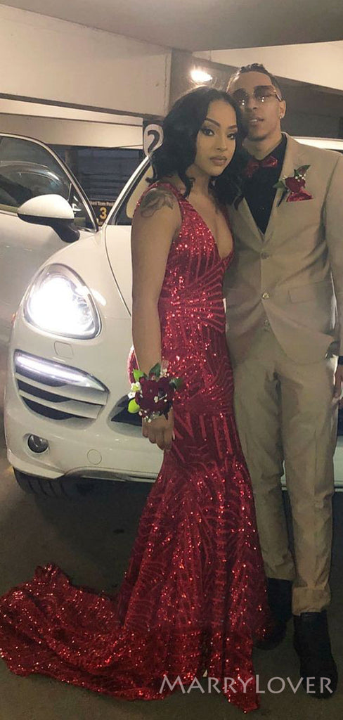 Deep V Neck Red Sequin Long Mermaid Evening Prom Dresses, Cheap Custom Prom Dresses, MR8185