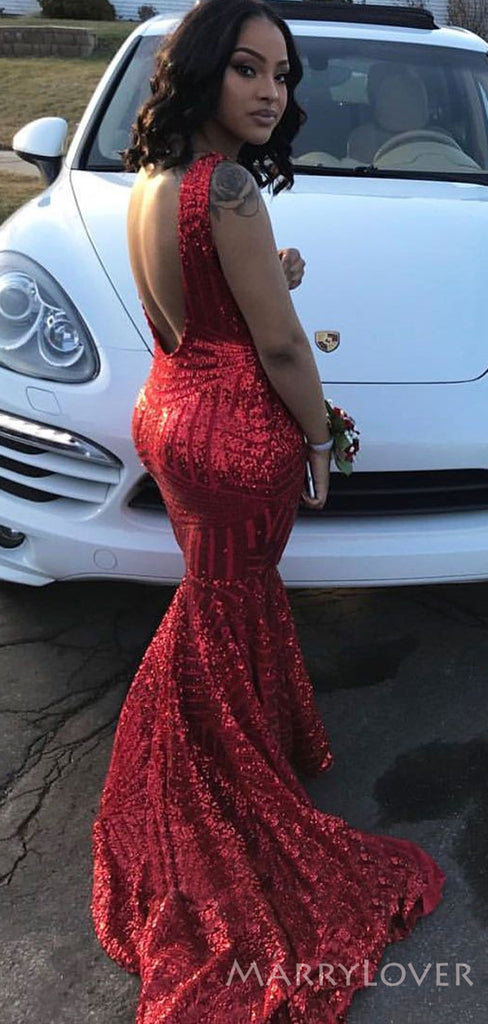 Deep V Neck Red Sequin Long Mermaid Evening Prom Dresses, Cheap Custom Prom Dresses, MR8185