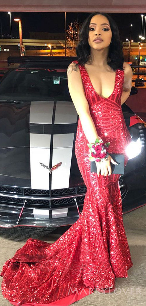 Deep V Neck Red Sequin Long Mermaid Evening Prom Dresses, Cheap Custom Prom Dresses, MR8185