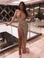 Gold Sequin Side slit Long Evening Prom Dresses, Long Sleeves Mermaid Custom Prom Dresses, MR8188