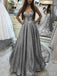 A-line Silver Sequin Long Evening Prom Dresses, Spaghetti Straps Custom Prom Dresses, MR8191