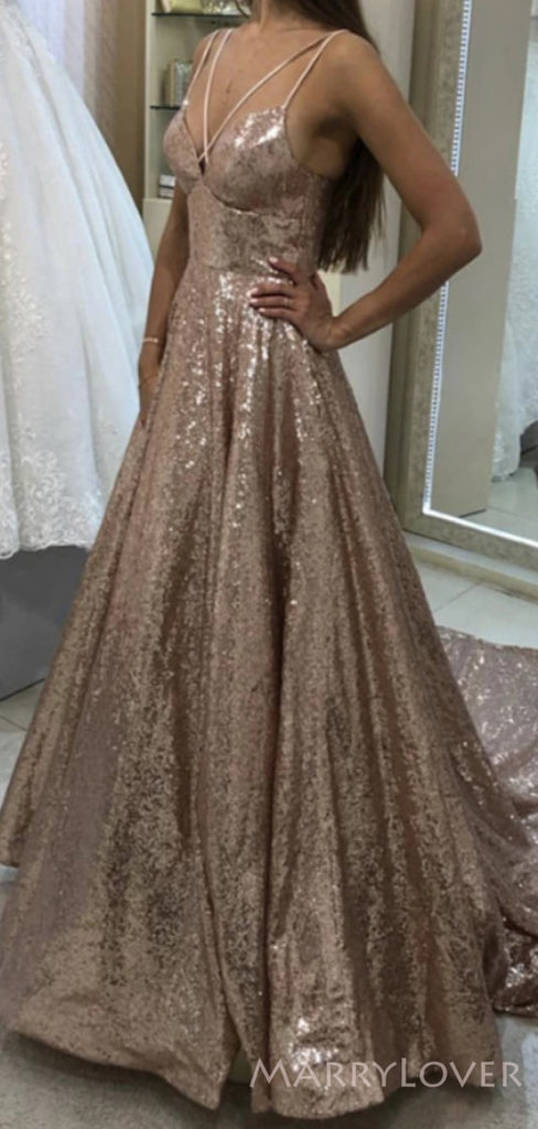 A-line Silver Sequin Long Evening Prom Dresses, Spaghetti Straps Custom Prom Dresses, MR8191