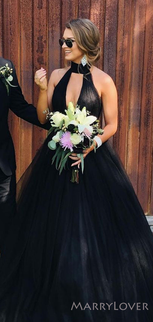 A-line Black Tulle Long Evening Prom Dresses, Deep V Neck Halter Custom Prom Dress, MR8192