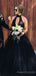 A-line Black Tulle Long Evening Prom Dresses, Deep V Neck Halter Custom Prom Dress, MR8192