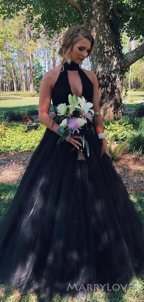 A-line Black Tulle Long Evening Prom Dresses, Deep V Neck Halter Custom Prom Dress, MR8192