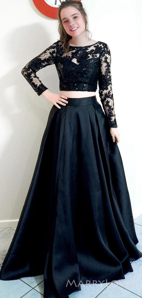 Two Pieces Black Satin Long Evening Prom Dresses, A-line Long Sleeves Custom Prom Dress, MR8196