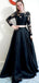 Two Pieces Black Satin Long Evening Prom Dresses, A-line Long Sleeves Custom Prom Dress, MR8196