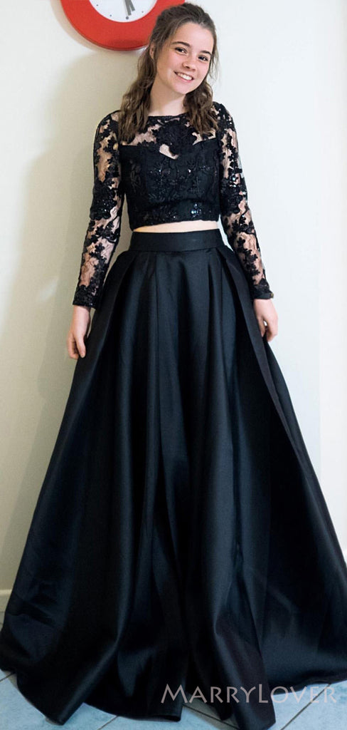 Two Pieces Black Satin Long Evening Prom Dresses, A-line Long Sleeves Custom Prom Dress, MR8196