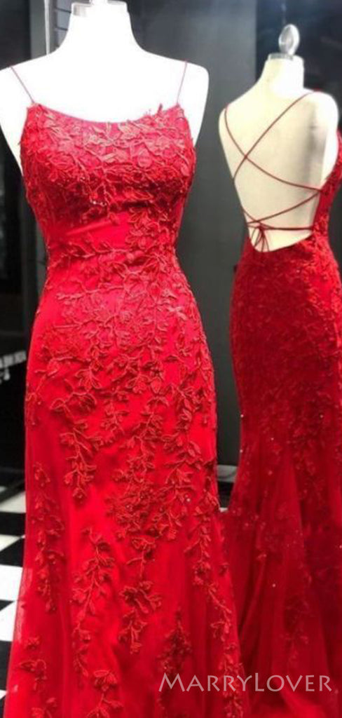 Mermaid Red Tulle Appliques Long Evening Prom Dresses, Spaghetti Straps Custom Prom Dress, MR8200