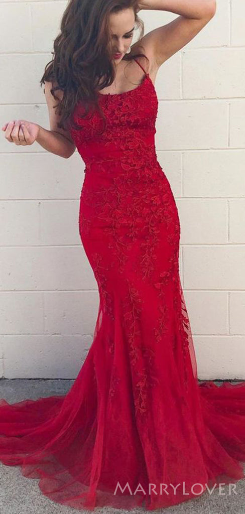 Mermaid Red Tulle Appliques Long Evening Prom Dresses, Spaghetti Straps Custom Prom Dress, MR8200