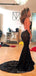 Black Sequin Long Mermaid Evening Prom Dresses, Deep V Neck Custom Backless Prom Dresses, MR8203