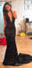 Black Sequin Long Mermaid Evening Prom Dresses, Deep V Neck Custom Backless Prom Dresses, MR8203