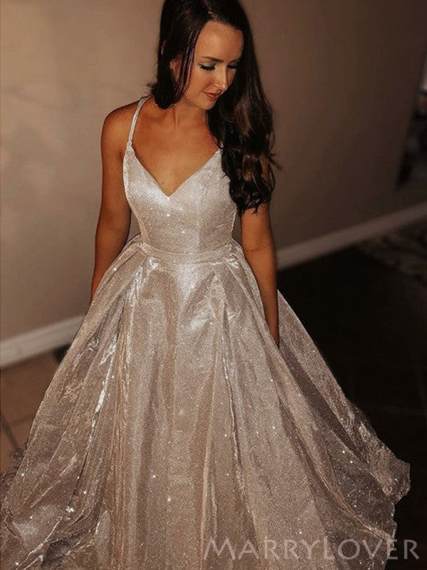 A-line Spaghetti Straps Long Evening Prom Dresses, Sparkly V Neck Custom Prom Dresses, MR8204