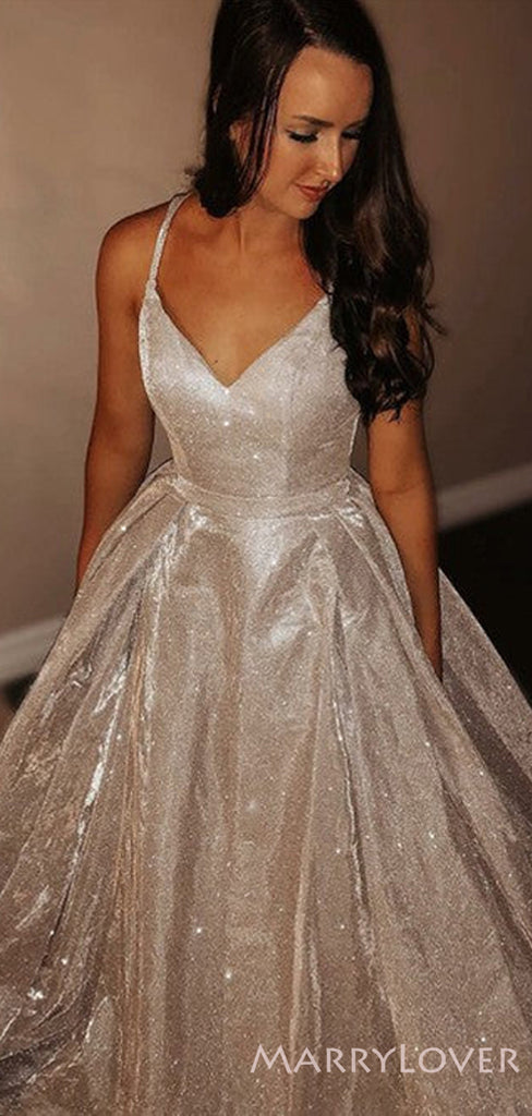 A-line Spaghetti Straps Long Evening Prom Dresses, Sparkly V Neck Custom Prom Dresses, MR8204