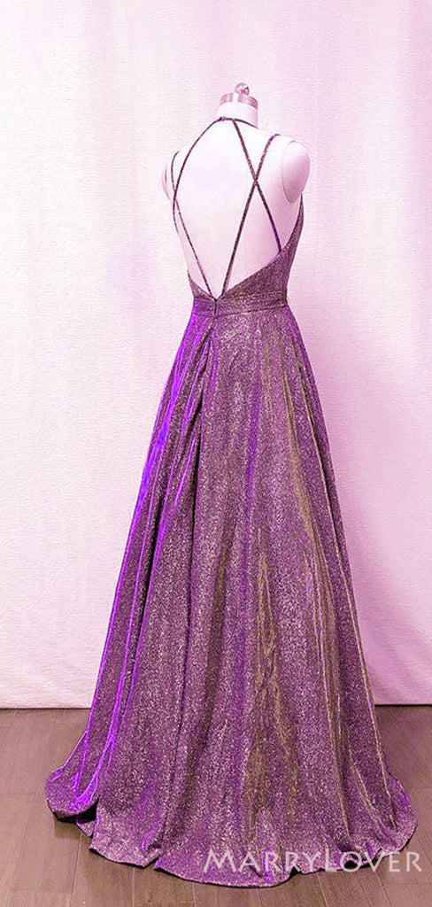 Spaghetti Straps Silver Grey Long Evening Prom Dresses, A-line Sparkly Custom Prom Dresses, MR8215