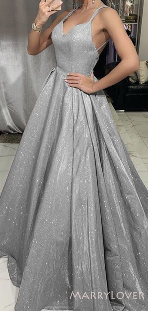 Spaghetti Straps Silver Grey Long Evening Prom Dresses, A-line Sparkly Custom Prom Dresses, MR8215