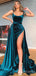 Elegant Teal Velvet Mermaid Pleating High Slit Long Evening Prom Dresses, Spaghetti Straps Custom Prom Dresses, MR8216