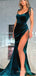 Elegant Teal Velvet Mermaid Pleating High Slit Long Evening Prom Dresses, Spaghetti Straps Custom Prom Dresses, MR8216