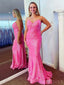 Mermaid Hot Pink Sequin Long Strapless Evening Prom Dresses, Sweetheart Custom Mermaid Prom Dresses, MR8218