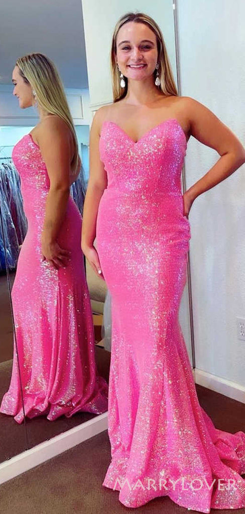 Mermaid Hot Pink Sequin Long Strapless Evening Prom Dresses, Sweetheart Custom Mermaid Prom Dresses, MR8218
