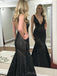 Mermaid Black Sequin V Back Long Evening Prom Dresses, Deep V Neck Custom Prom Dresses, MR8219