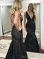 Mermaid Black Sequin V Back Long Evening Prom Dresses, Deep V Neck Custom Prom Dresses, MR8219