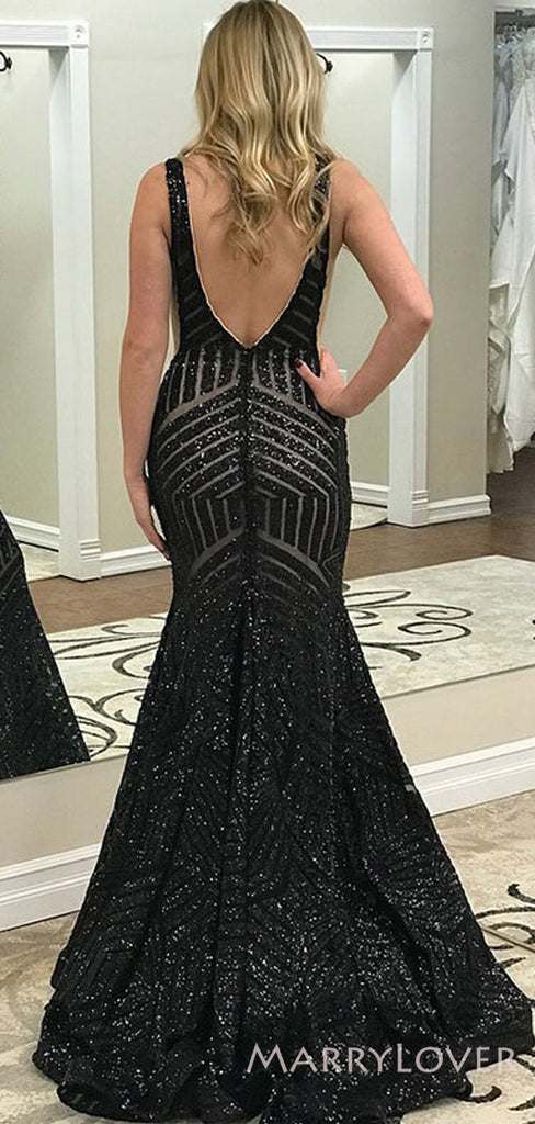 Mermaid Black Sequin V Back Long Evening Prom Dresses, Deep V Neck Custom Prom Dresses, MR8219