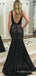 Mermaid Black Sequin V Back Long Evening Prom Dresses, Deep V Neck Custom Prom Dresses, MR8219