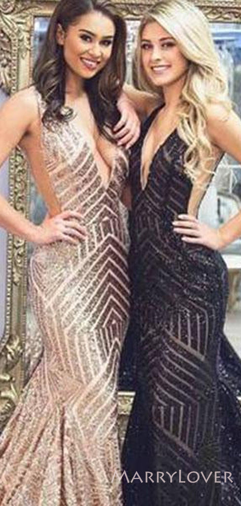 Mermaid Black Sequin V Back Long Evening Prom Dresses, Deep V Neck Custom Prom Dresses, MR8219