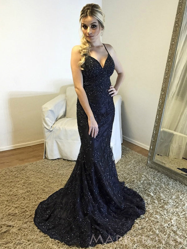 Spaghetti Straps Mermaid Black Tulle Appliques Long Evening Prom Dresses, Custom Prom Dress, MR8220