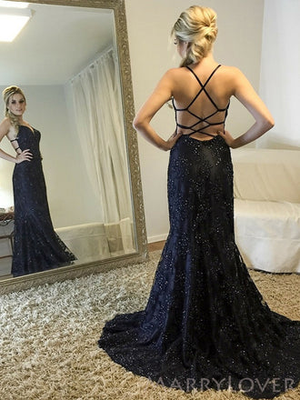 Spaghetti Straps Mermaid Black Tulle Appliques Long Evening Prom Dresses, Custom Prom Dress, MR8220