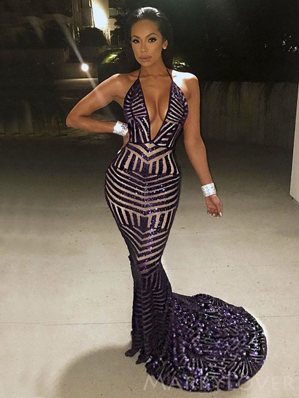 Sexy Deep V Neck Black Sequin Long Mermaid Evening Prom Dresses, Backless Custom Prom Dresses, MR8224