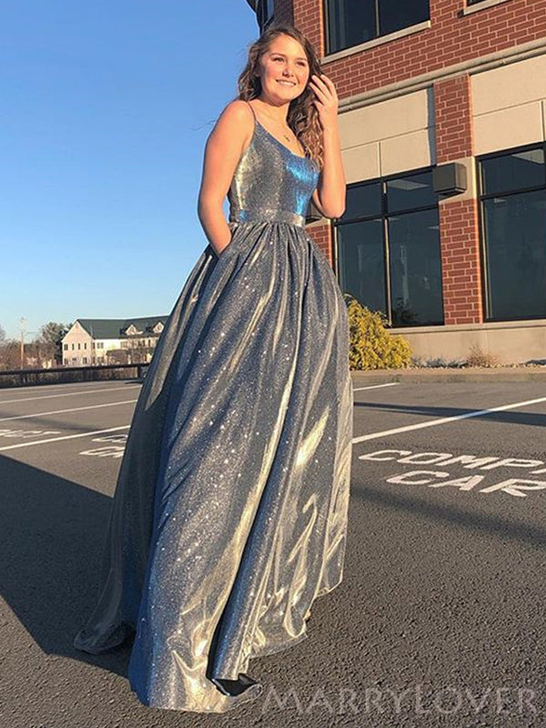 Grey Spaghetti Straps Long Evening Prom Dresses, A-line Sparkly Custom Prom Dresses, MR8228