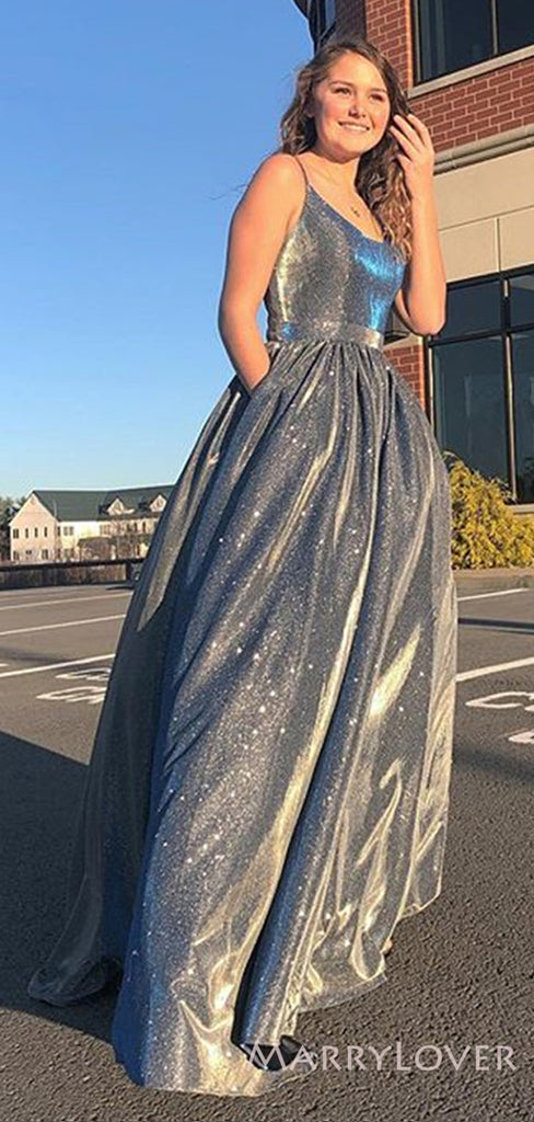 Grey Spaghetti Straps Long Evening Prom Dresses, A-line Sparkly Custom Prom Dresses, MR8228