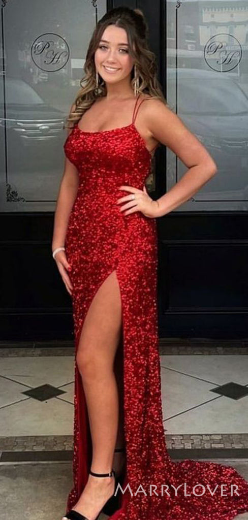 Sheath/Column Red Sequin Long Evening Prom Dresses, Spaghetti Straps Custom Prom Dresses, MR8229