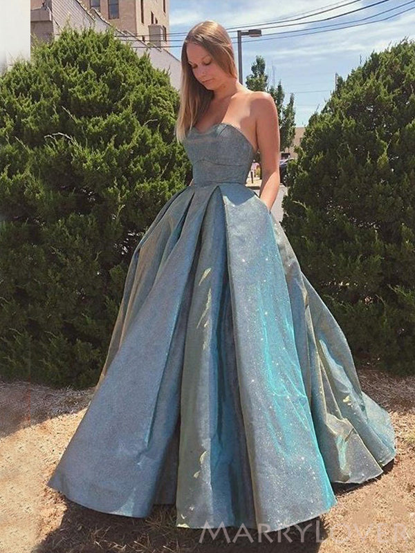 A-line Grey Sparkly Long Evening Prom Dresses, Strapless Custom Prom Dresses, MR8246