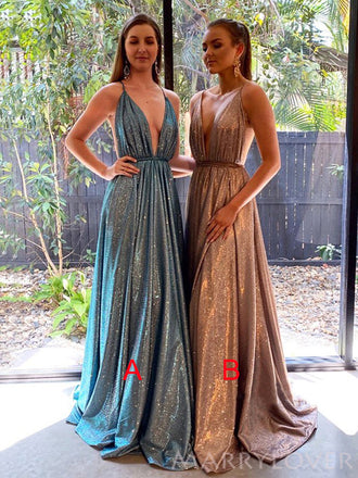 Sexy Backless Spaghetti Straps Sparkly Long Evening Prom Dresses, Deep V Neck A-line Custom Prom Dresses, MR8254