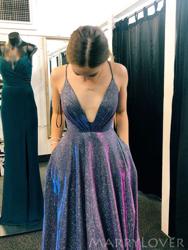 Deep V Neck Navy Blue Sparkly Long Evening Prom Dresses, Spaghetti Straps A-line Custom Prom Dresses, MR8258