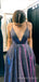 Deep V Neck Navy Blue Sparkly Long Evening Prom Dresses, Spaghetti Straps A-line Custom Prom Dresses, MR8258