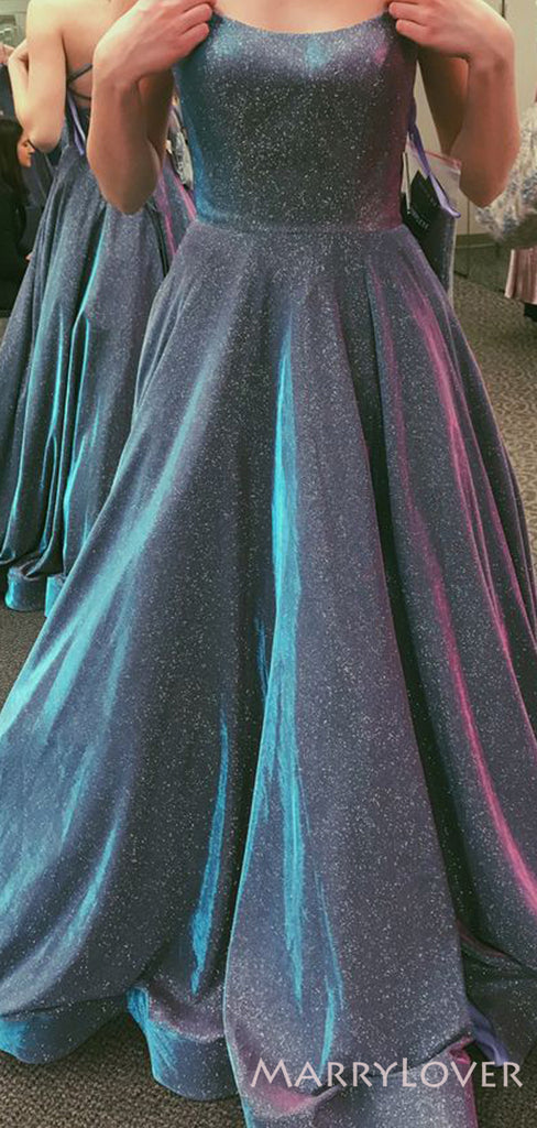 A-line Sparkly Long Evening Prom Dresses, Spaghetti Straps Backless Custom Prom Dresses, MR8259