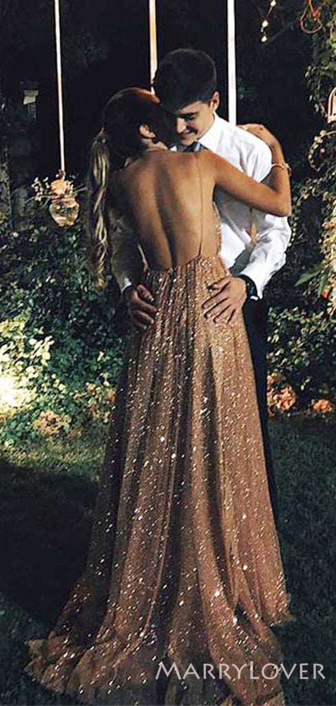 Spaghetti Straps White Sequin Long Evening Prom Dresses, A-line V Neck Custom Prom Dresses, MR8269