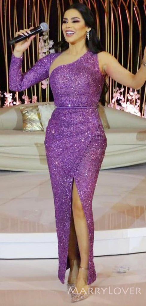 Mermaid Purple Sequin Long Evening Prom Dresses, Long Sleeves One Shoulder Custom Prom Dresses, MR8278