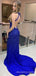 Mermaid Royal Blue Satin Beaded Long Evening Prom Dresses, Halter Custom Prom Dresses, MR8279